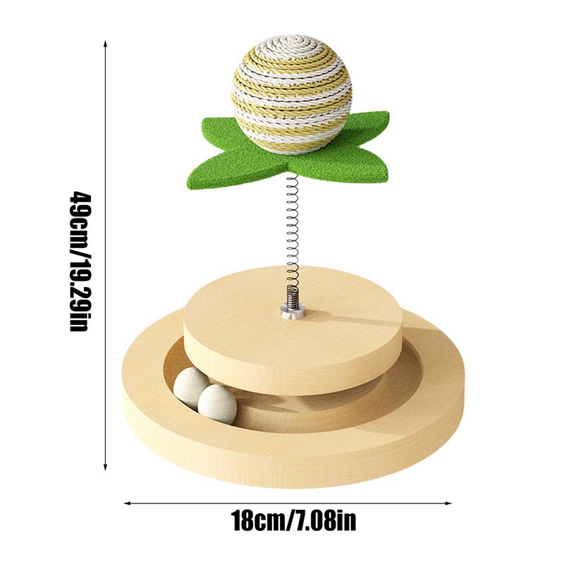Ball-Track and Sisal Cat Toy - Natural Wood / Green Accent, assembled dimensions