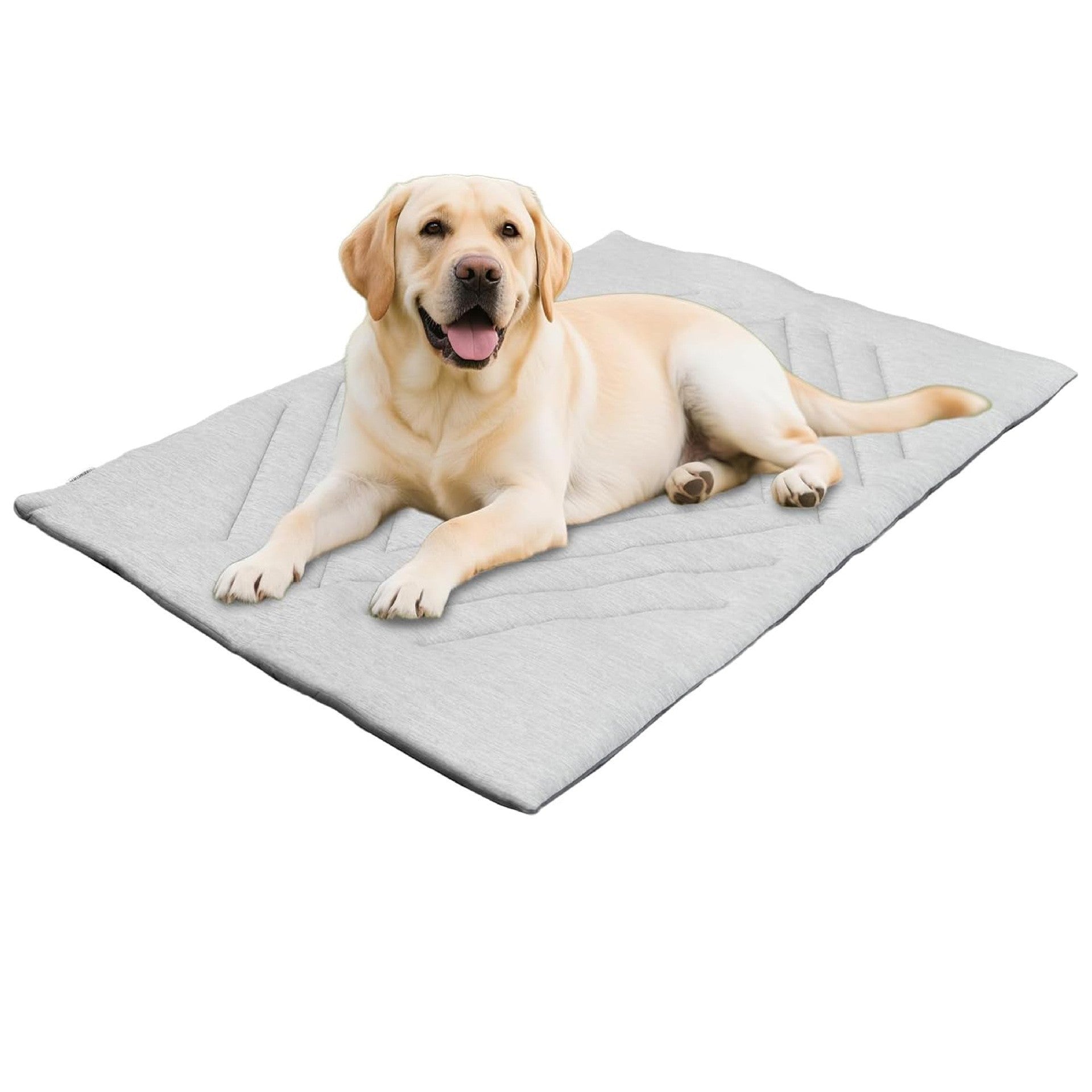Light gray quilted travel mat with a dog lying on it