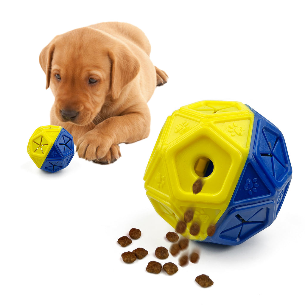 Blue & Yellow Rolling Treat Ball in use
